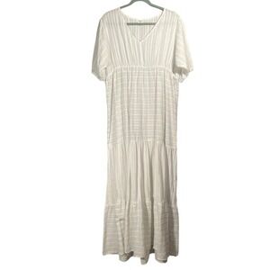 World Market Cotton Tiered Maxi Dress Sz L/XL White Striped V-Neck Cottagecore
